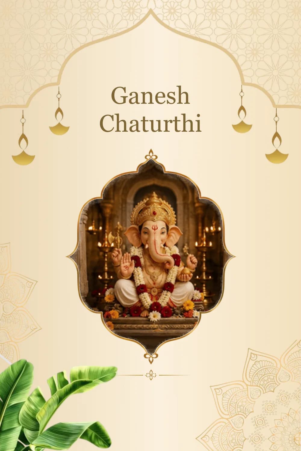 Ganesh Chaturthi card showing a garlanded Lord Ganesha murti